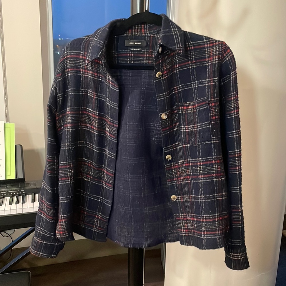 Isabel Marant Midnight Navy Kessa Plaid Virgin Wool Blend Shacket Button-down